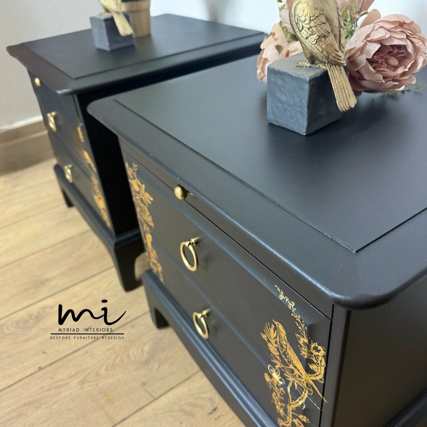 Matt Black Stag Minstrel bedside tables with gold floral and bird design. vintage nightstands. Teatray