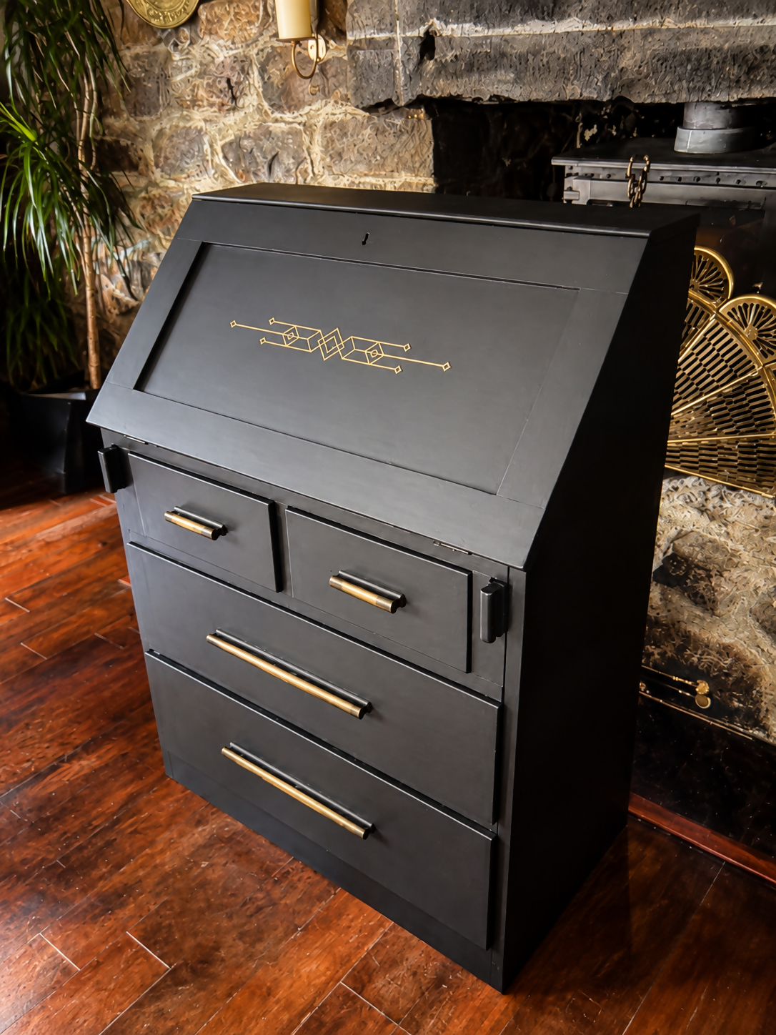 Art Deco Writing Bureau Black & Gold Secretary Desk