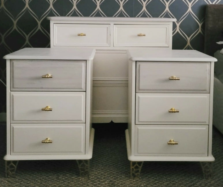 White/Cream and gold vintage bedroom set. Upcycled chest of drawers and bedside tables