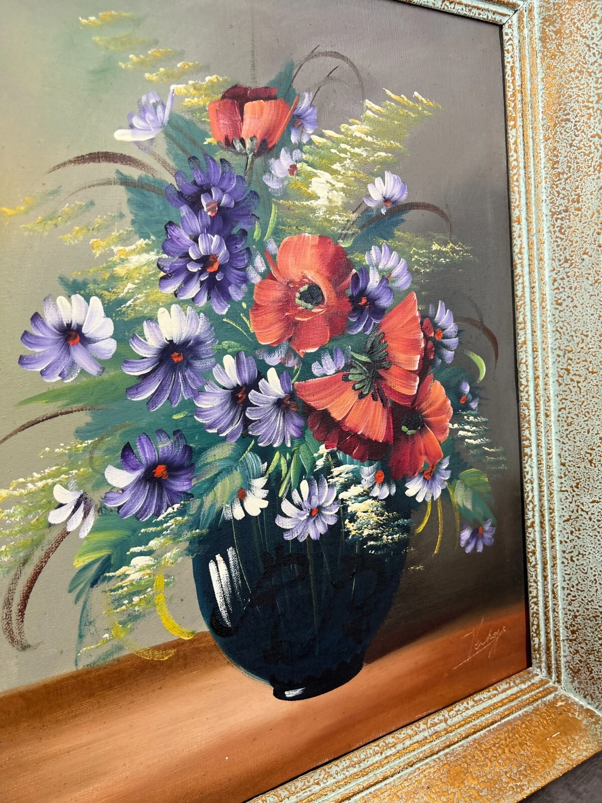 Painting Vintage French Floral Vase Red Purple Flower Signed Framed LOT 3878