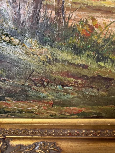 Large Signed Oil on Canvas – Woodland Cottage Landscape in Ornate Gilt Frame