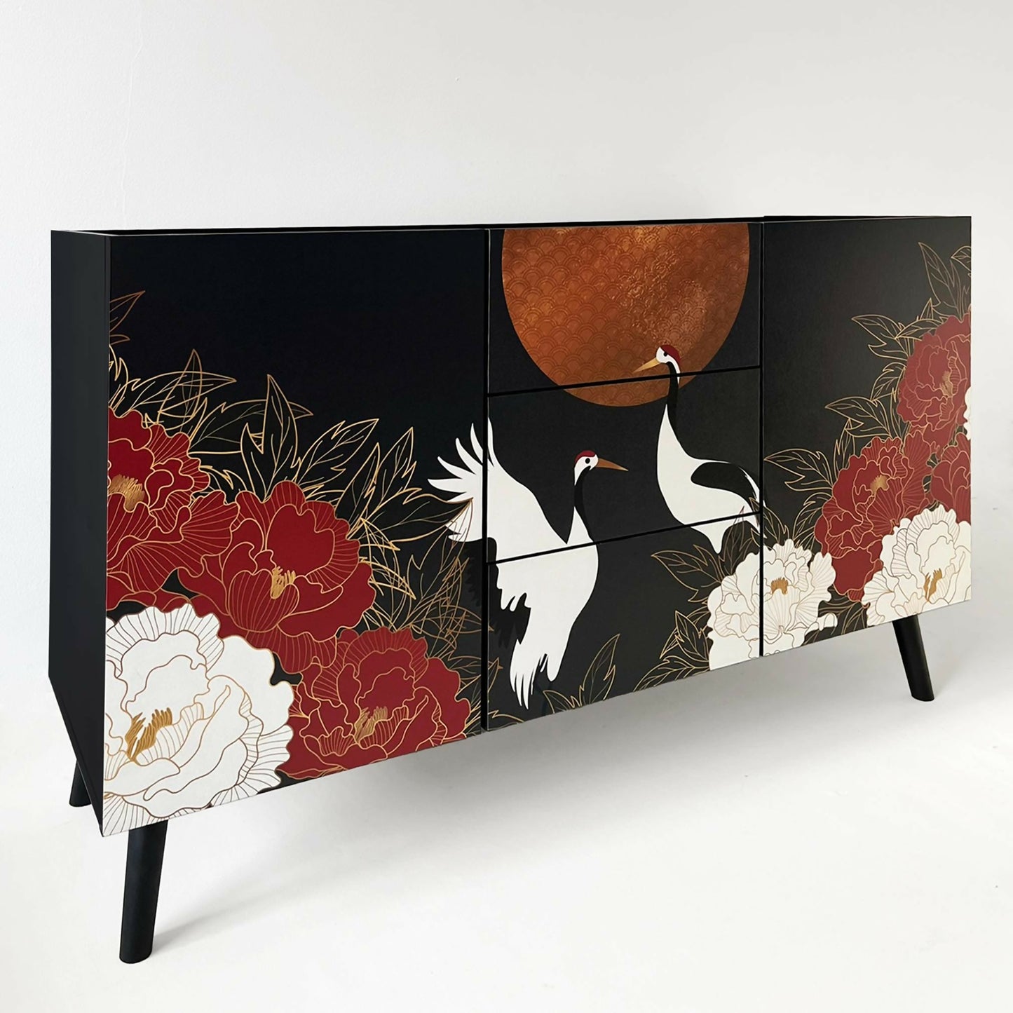 Small modern TV console with 3 drawers and 2 doors wich chinoiserie design of Crane birds and flowers at the front
