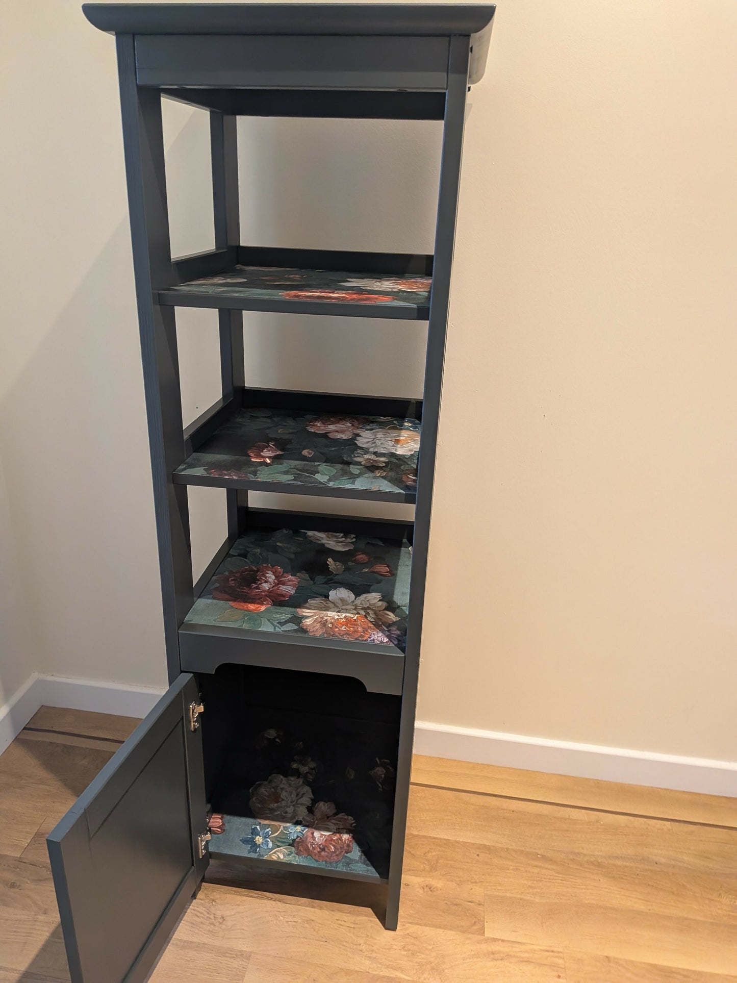 Dark green tall shelves and storage