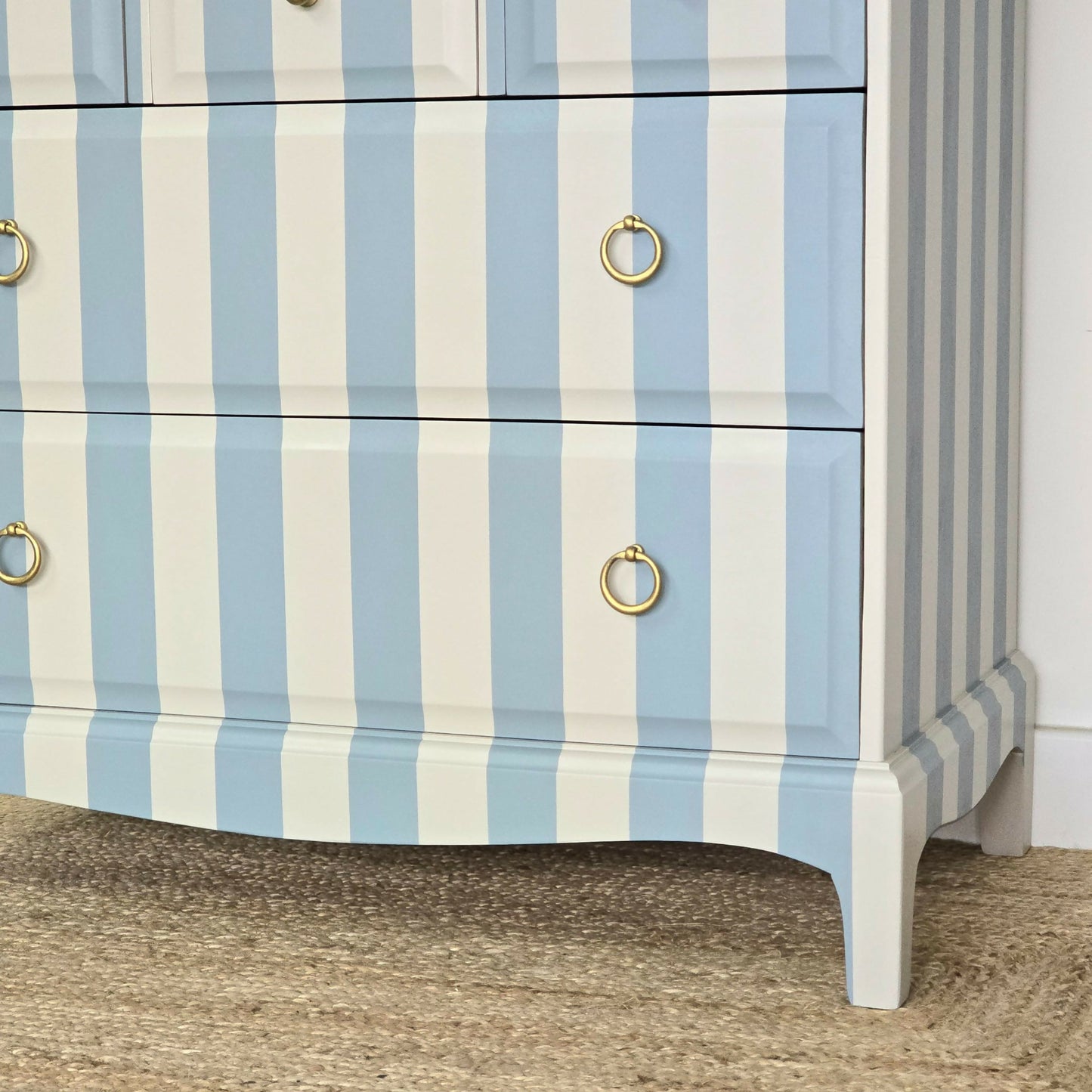 Vintage Hand-painted Stag Minstrel Tallboy, Chest of Drawer Blue & Cream Striped