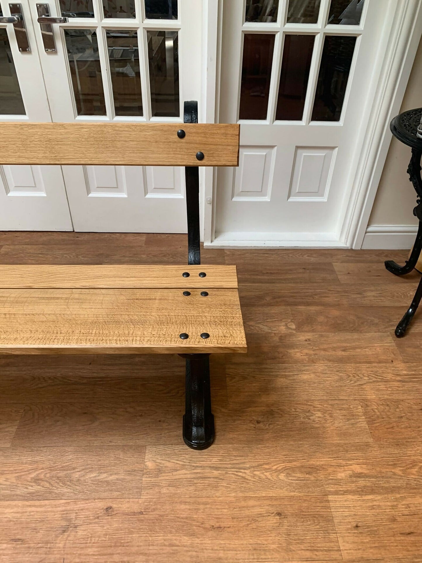 Black Cast Iron Very Heavy Garden Park Bench fully restored Oak Wood