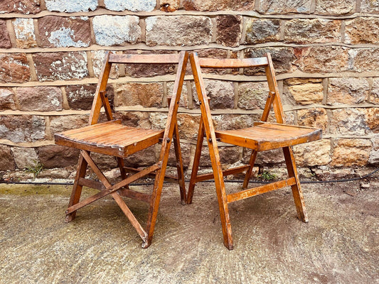 Pair of Vintage Wooden Folding Chairs – Rustic Slatted Seating | Cottage Farmhouse Decor