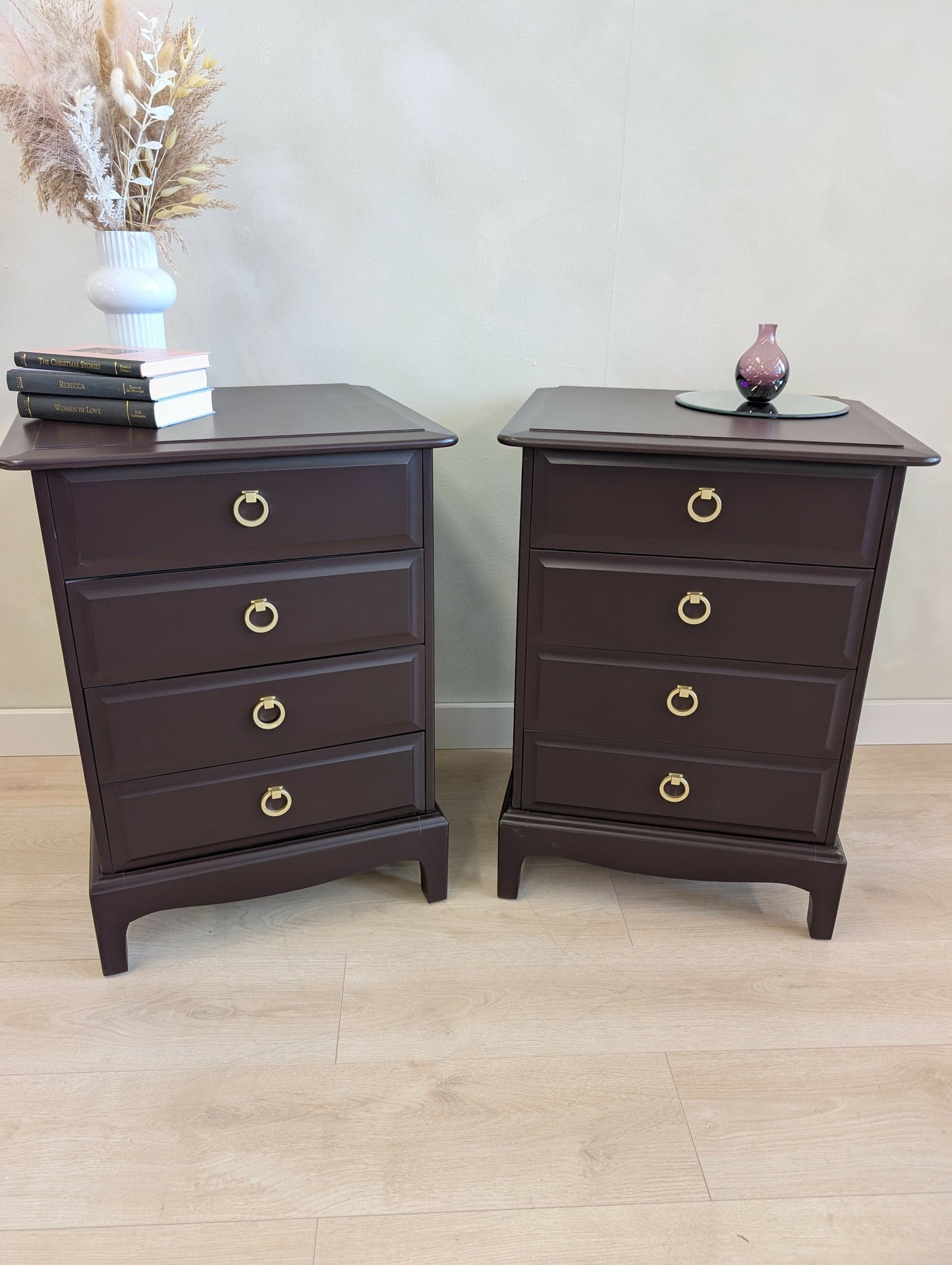 Pair of Stag Minstrel Bedside Tables Mid Century Burgundy Vintage 4 Drawer