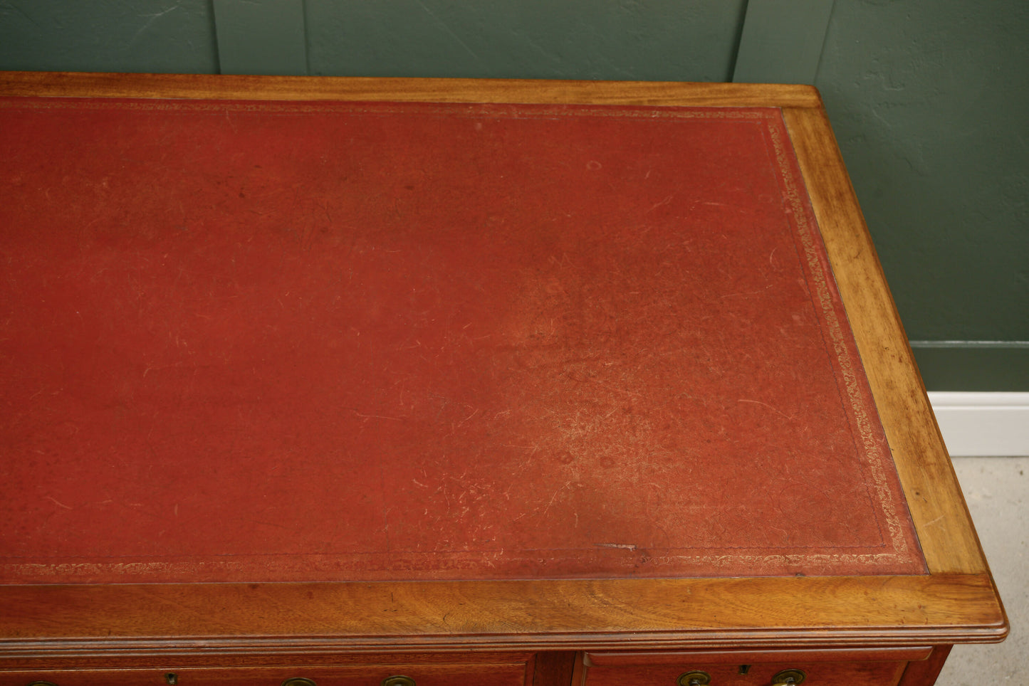 Art Deco Walnut Pedestal Desk with Red Leather Top - Cooke's of Finsbury