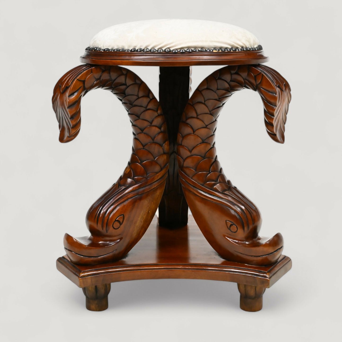 Chinese Dressing Stool Fish Carvings Studded Upholstered Seat FREE UK Delivery. SBR10753/2307E