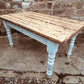 Vintage Farmhouse Table with Drawer – Rustic Reclaimed Pine Top & Painted Base – Country Kitchen Dining