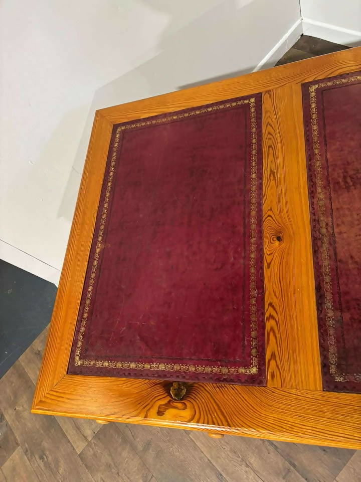 Large Leather Topped Pine Pedestal Desk