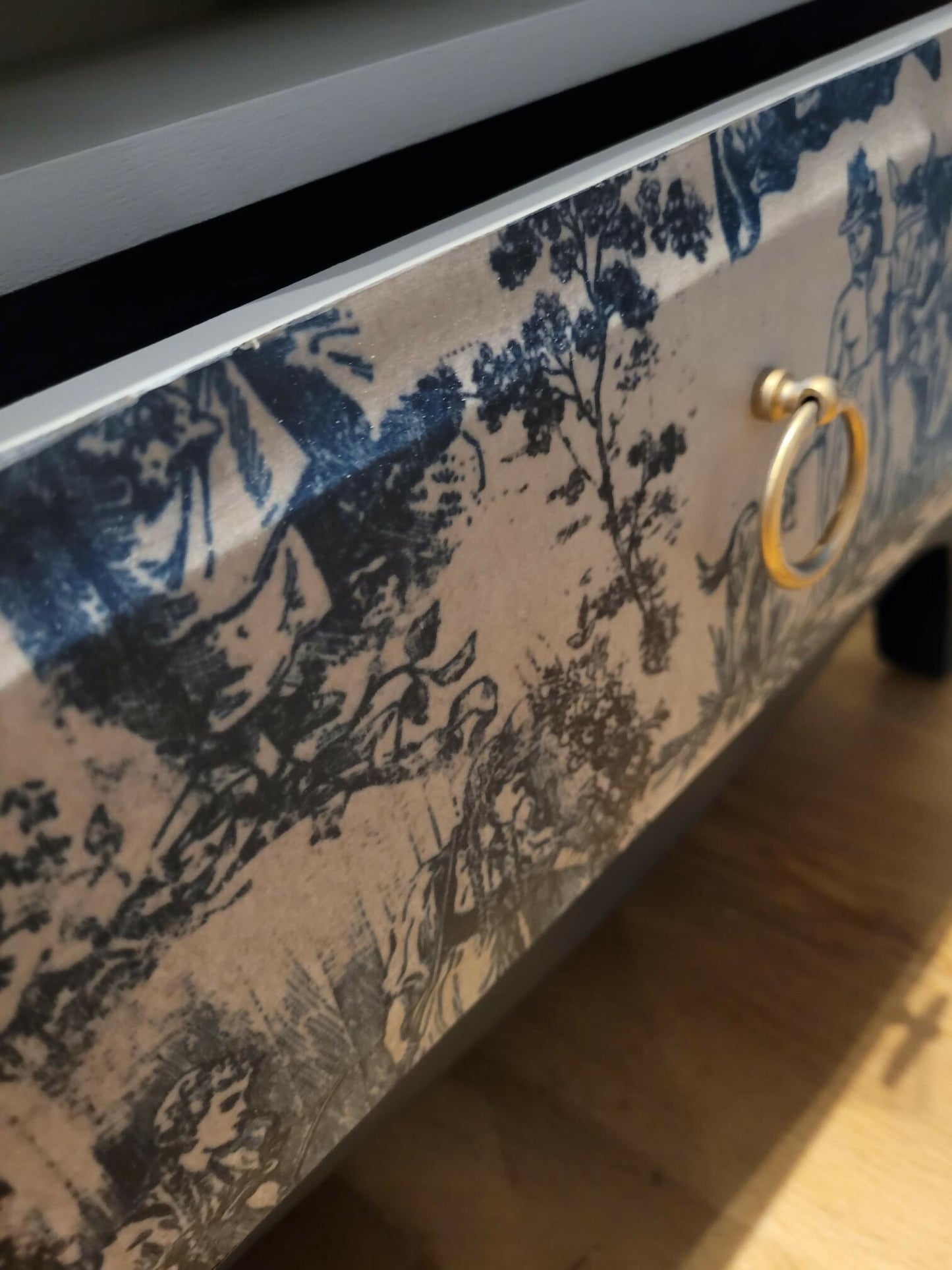 SOLD - CUSTOM ORDER AVAILABLE | Stag Minstrel Letterbox Bedsides - French Parisien 'Toile de Jouy' Cream and Blue, Bedroom Furniture