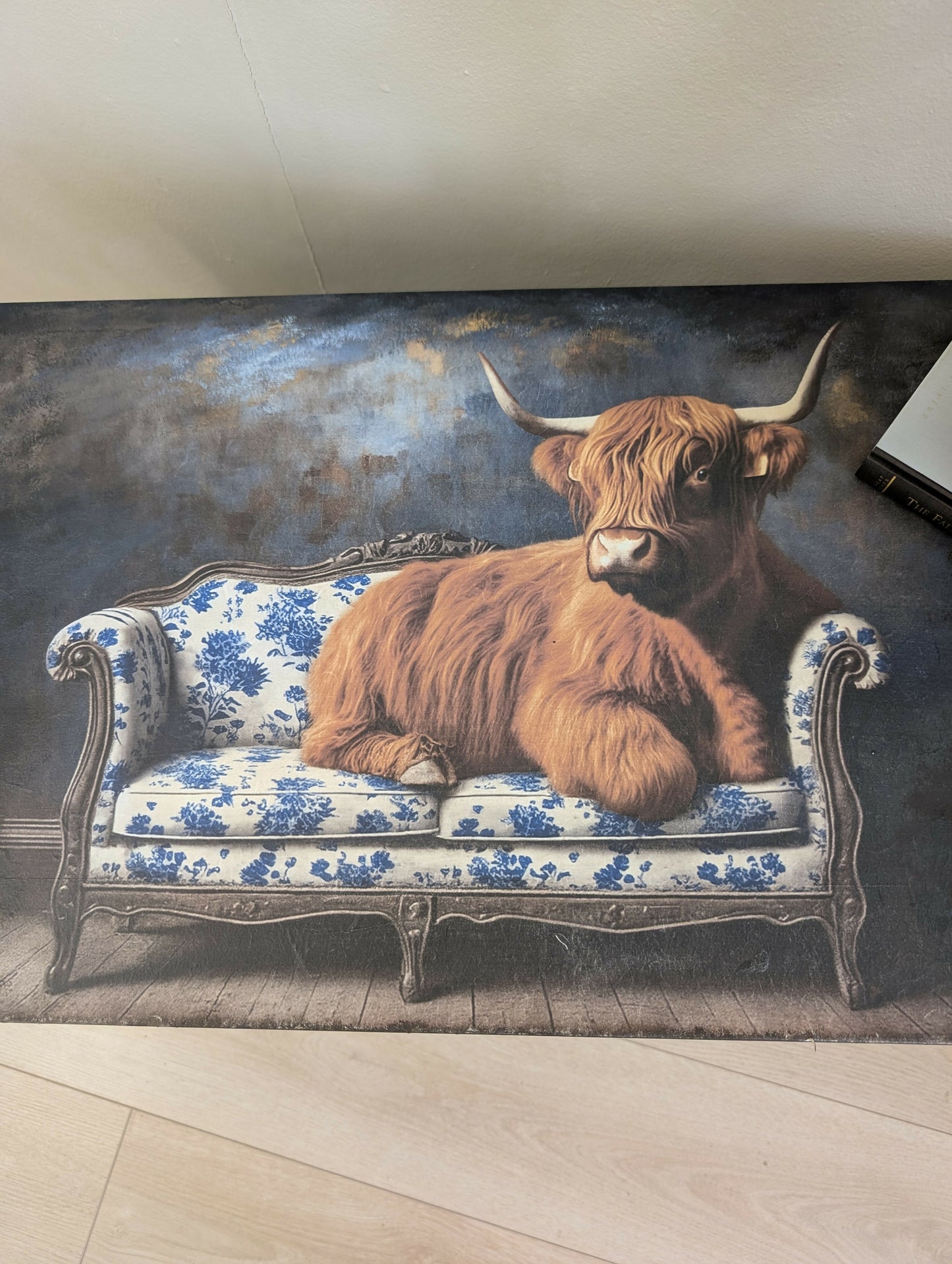 Solid Oak Console/TV Unit Hand-Painted Deep Blue with Highland Cow