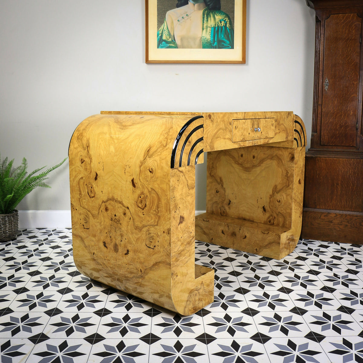 Art Deco Style Walnut Console Table Desk or Dressing Table with Drawer