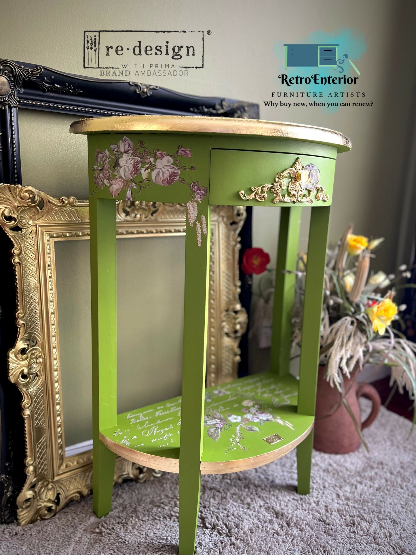 Upcycled Lime Green Console / Side Table with Raised Stencil & Gold Leaf Accents