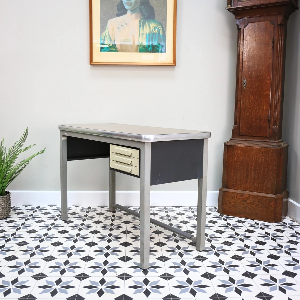 Industrial Metal Desk with Three Drawers and Formica Top by Conforti of Italy