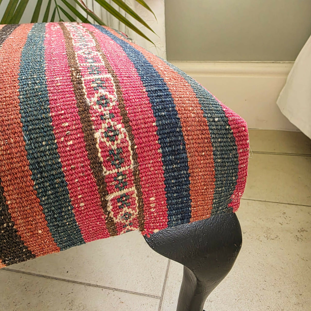 Kelim Covered Footstool. Genuine Vintage Kelim Rug. All Wool, Hand Knotted. Fully Restored and Upcycled Piece.