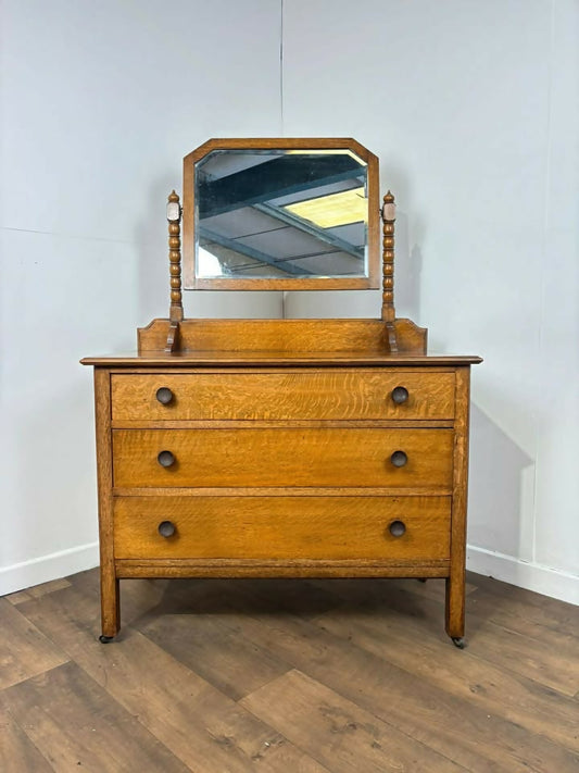 Vintage Oak Dressing Table with Mirror – 3 Drawer Vanity on Castors