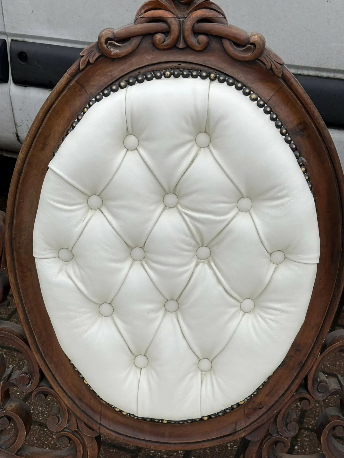 Victorian Sofa In White Leather, Walnut Show Frame, Cabriole Legs.