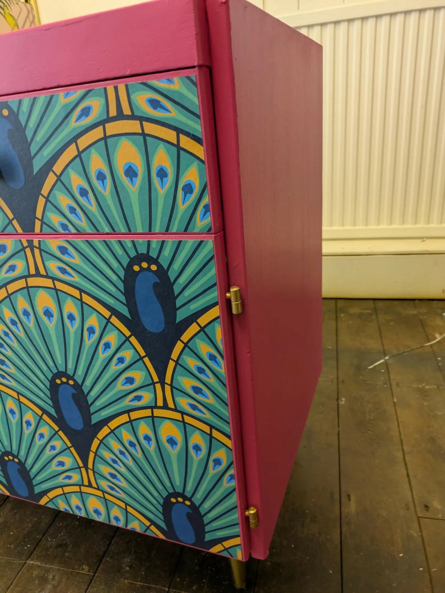 Midcentury Retro Sideboard TV Unit. Pink Teal Peacock Print Painted Upcycled Furniture