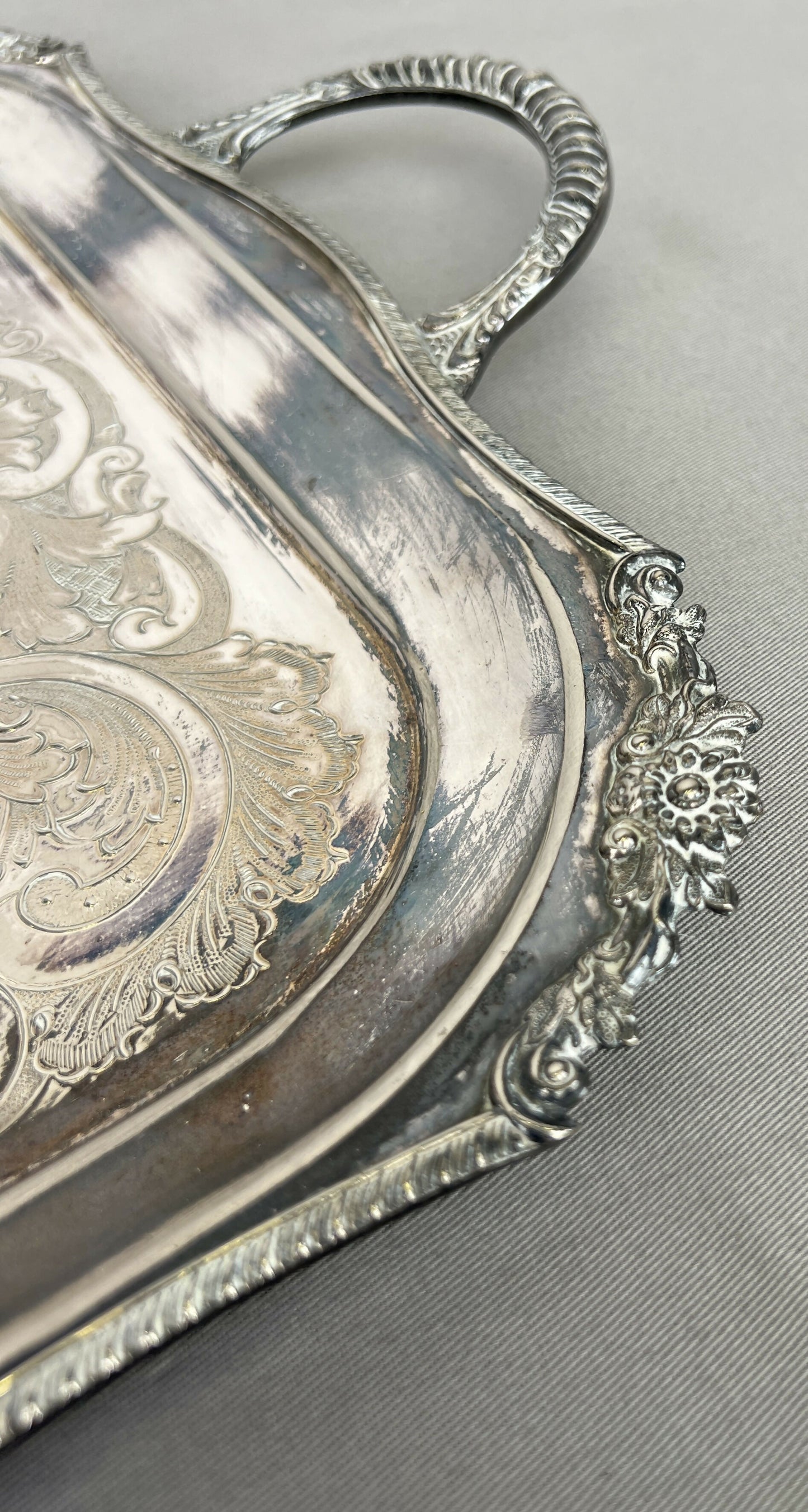 Serving Tray Vintage Metal Ornate Engraved Twin Handle English Tray LOT 6444