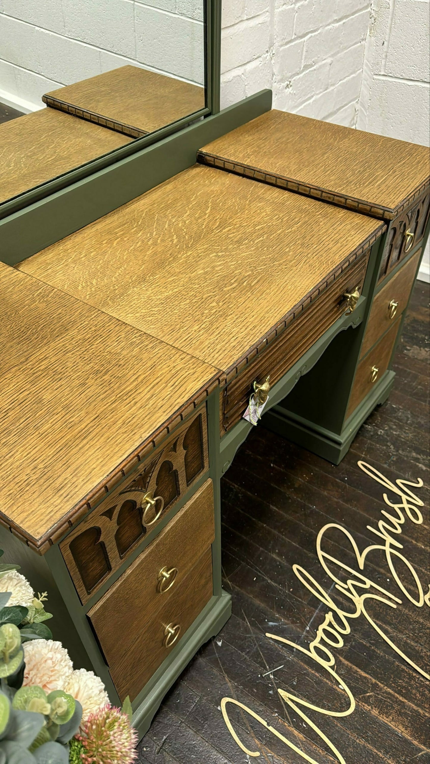 Beautiful Vintage Oak Linenfold Carved Old Charm Dressing Table And Mirror Green Gold