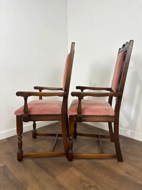 Pair Of Vintage Oak Armchairs With Pink Upholstered Seats & Backs