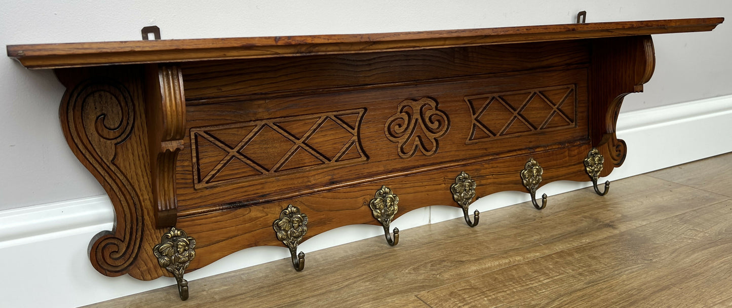 Coat Rack Vintage French Oak Wall Mounted 6 Hooks Carved Rack Hanger LOT 6208