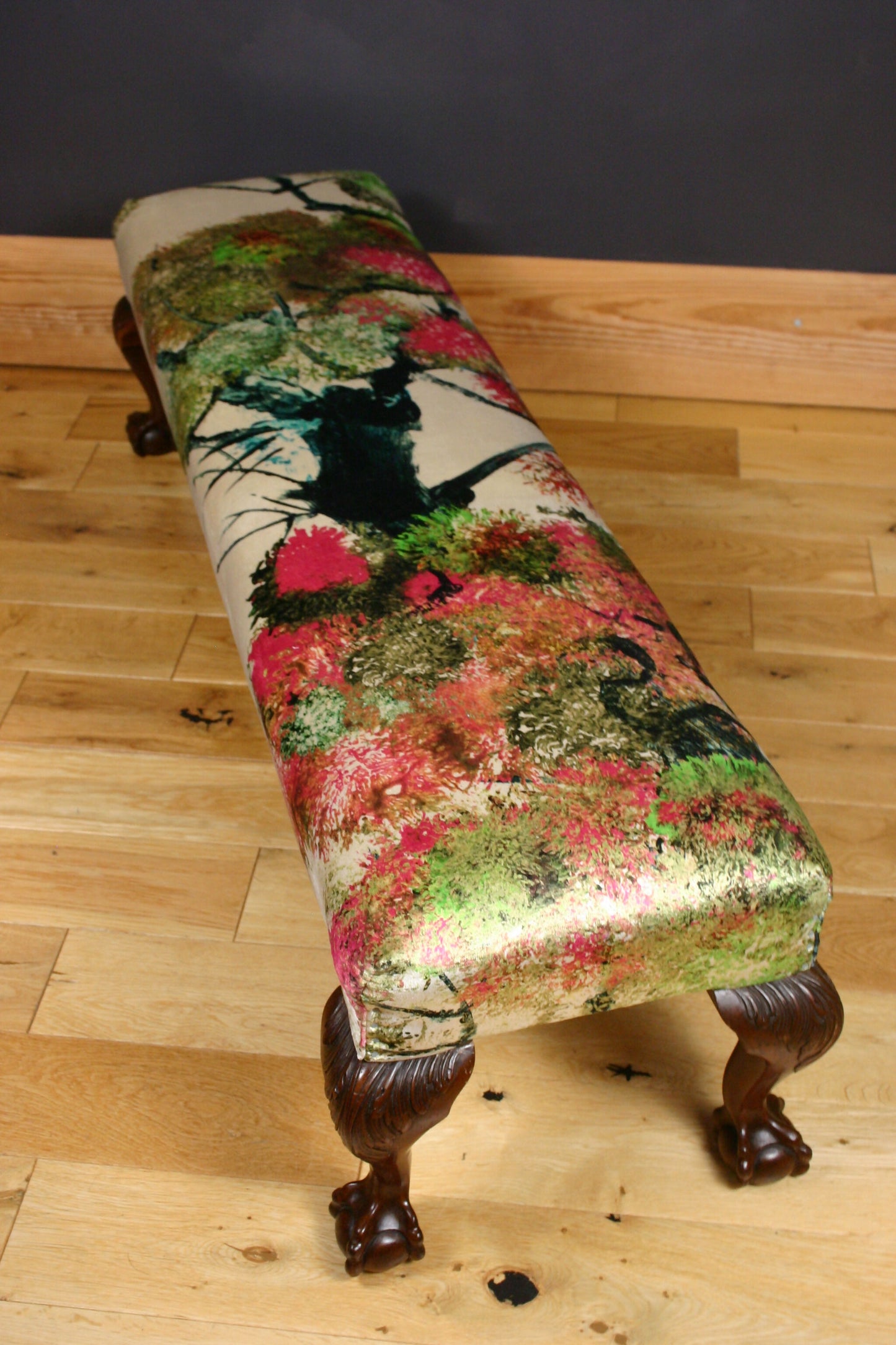 Maple & Co Oversized Antique c1900 Bench Footstool in Timorous Beasties Pinyin Tree Velvet
