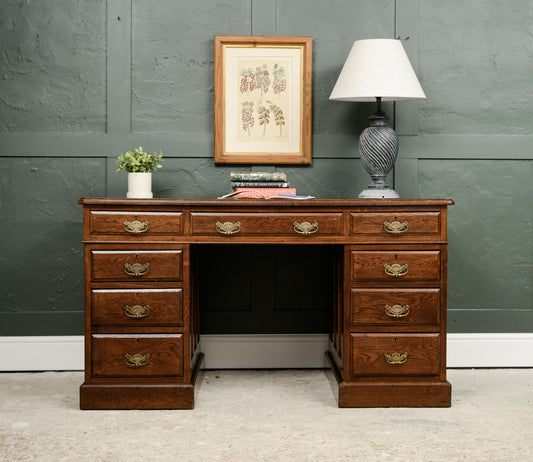 Large Antique Oak Pedestal Desk - Solid Oak