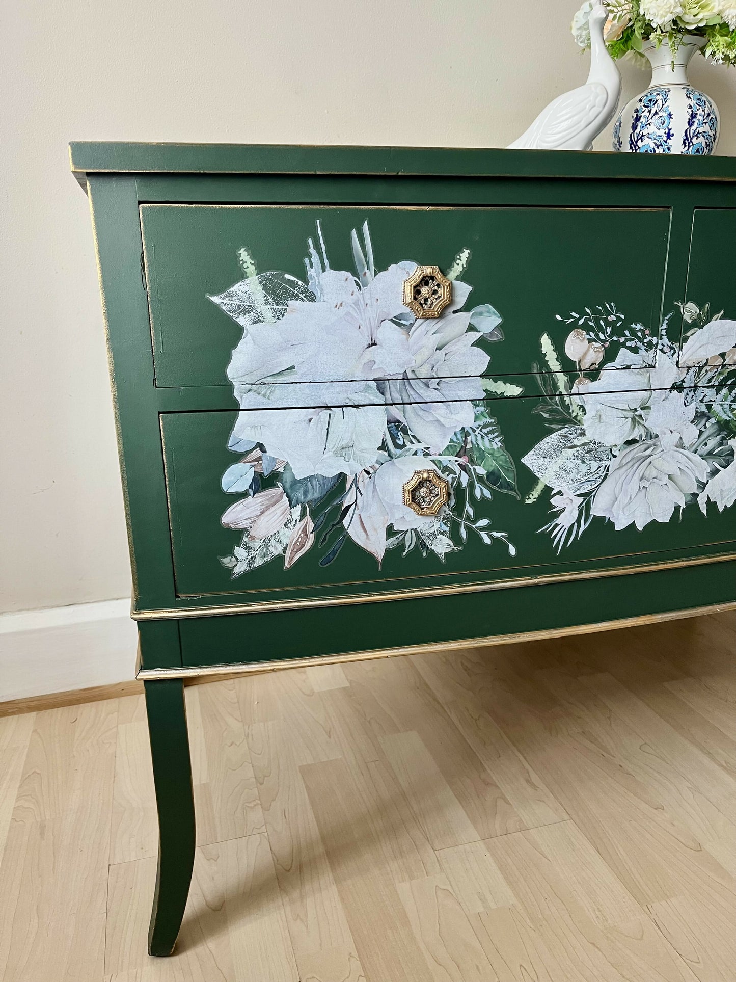 Vintage Green and Gold Chest of Drawers , Dresser