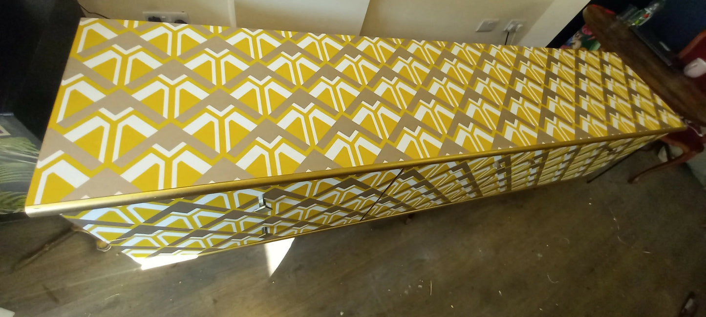 Mid century Upcycled Sideboard: Geometric Yellow Gold Print TV Unit Commission Piece.