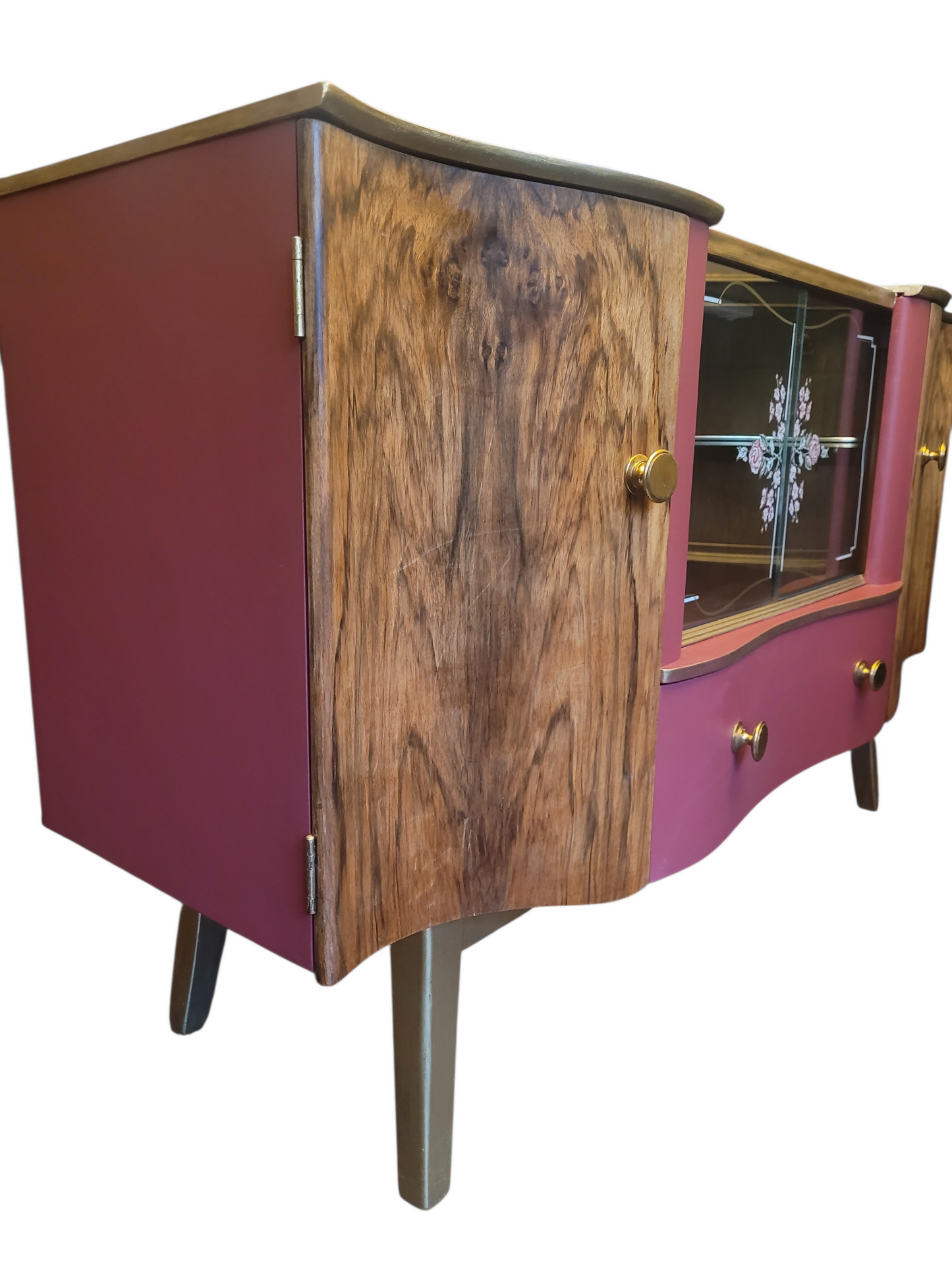 Mid Century Walnut Cocktail Cabinet/ Sideboard. Glass fronted floral vintage sideboard