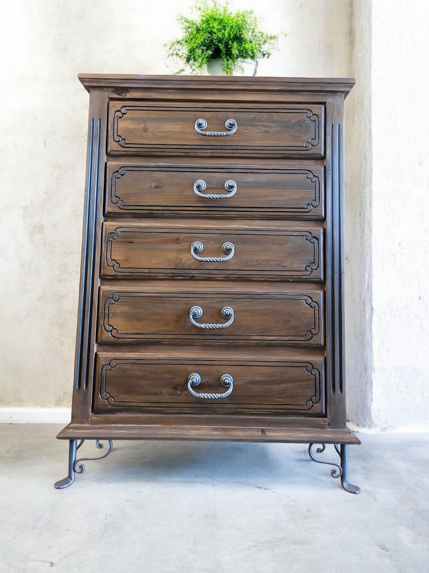 Vintage carved solid wood handmade chest of drawers