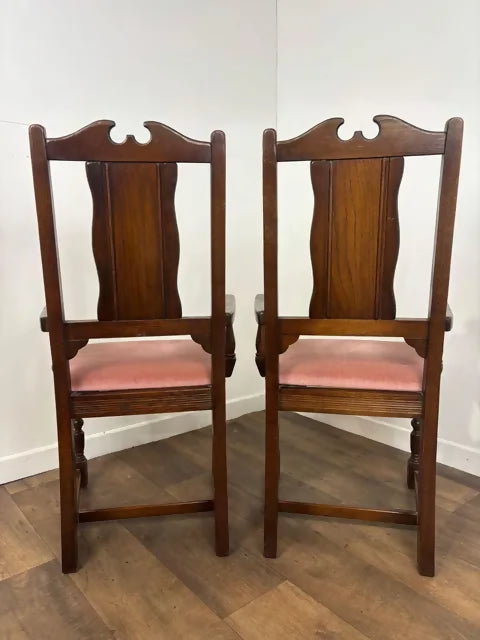 Pair Of Vintage Oak Armchairs With Pink Upholstered Seats & Backs