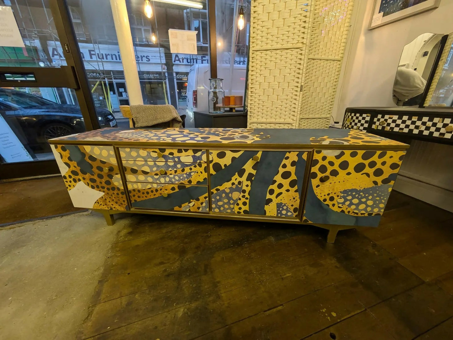 Mid-Century Modern Octopus Print Sideboard: Upcycled TV Unit Cabinet Commission Piece