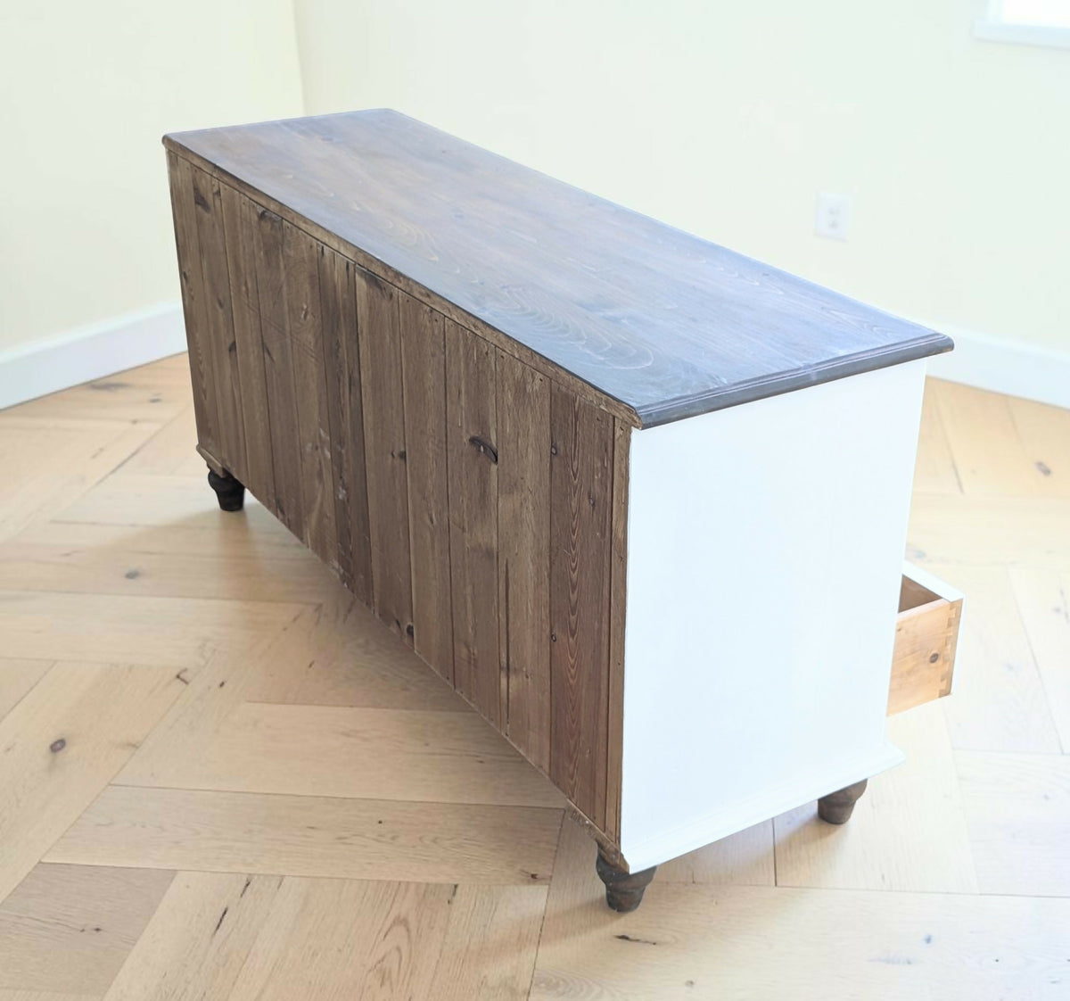 Solid pine rustic off white taupe chest of drawers merchant low boy sideboard