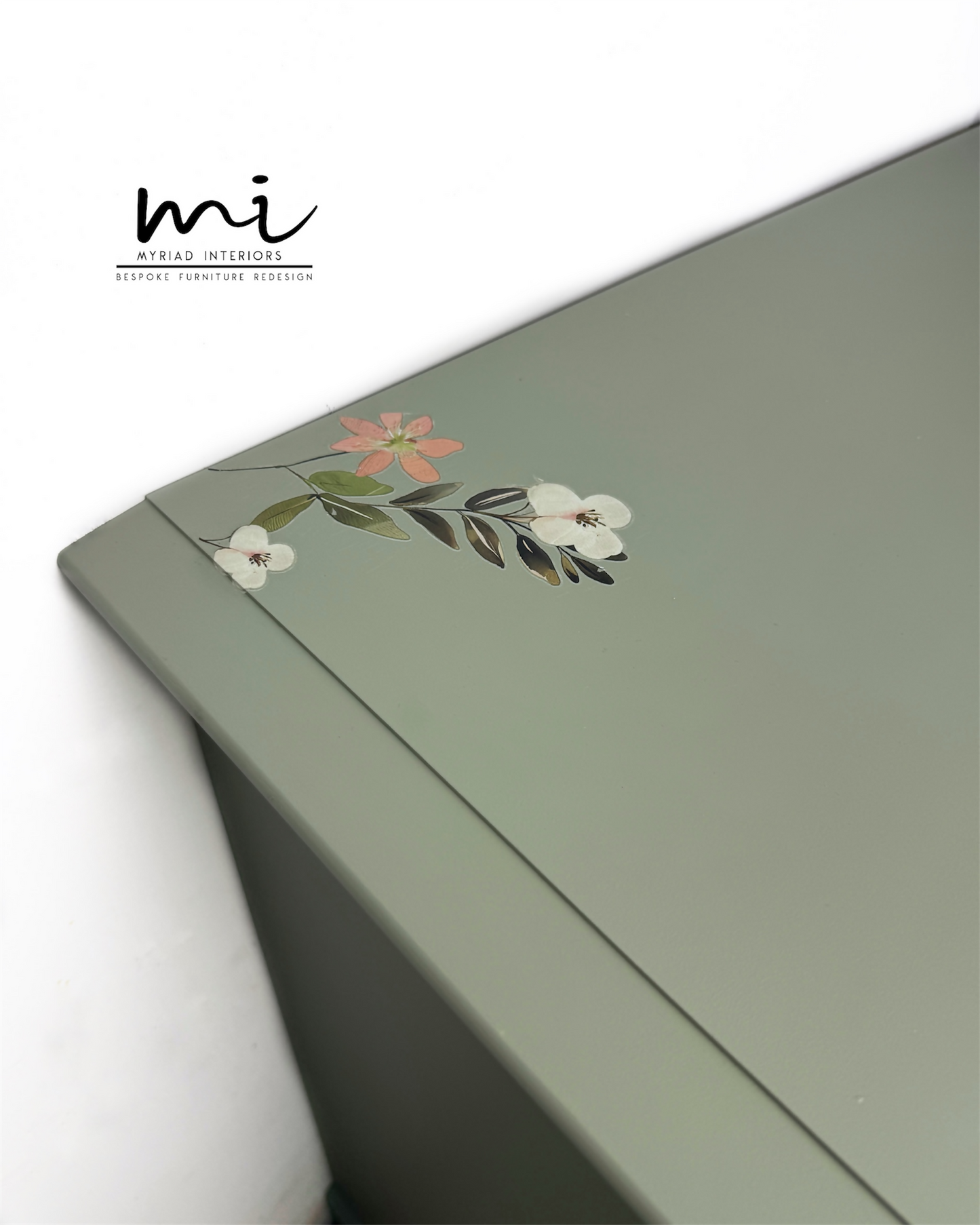 Refinished Stag Minstrel Tallboy Chest Of Drawers in Pale Green with delicate pink floral design