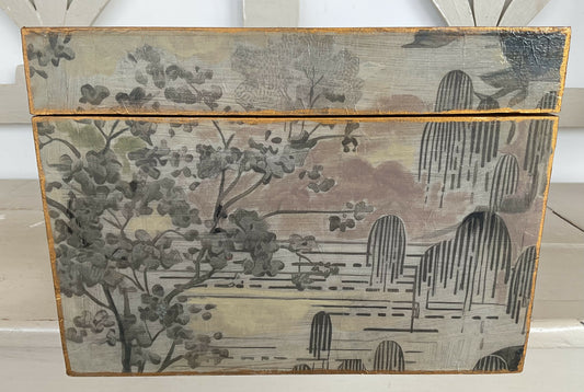 Antique Oak Chinoiserie decoupaged and hand painted large hinged Box