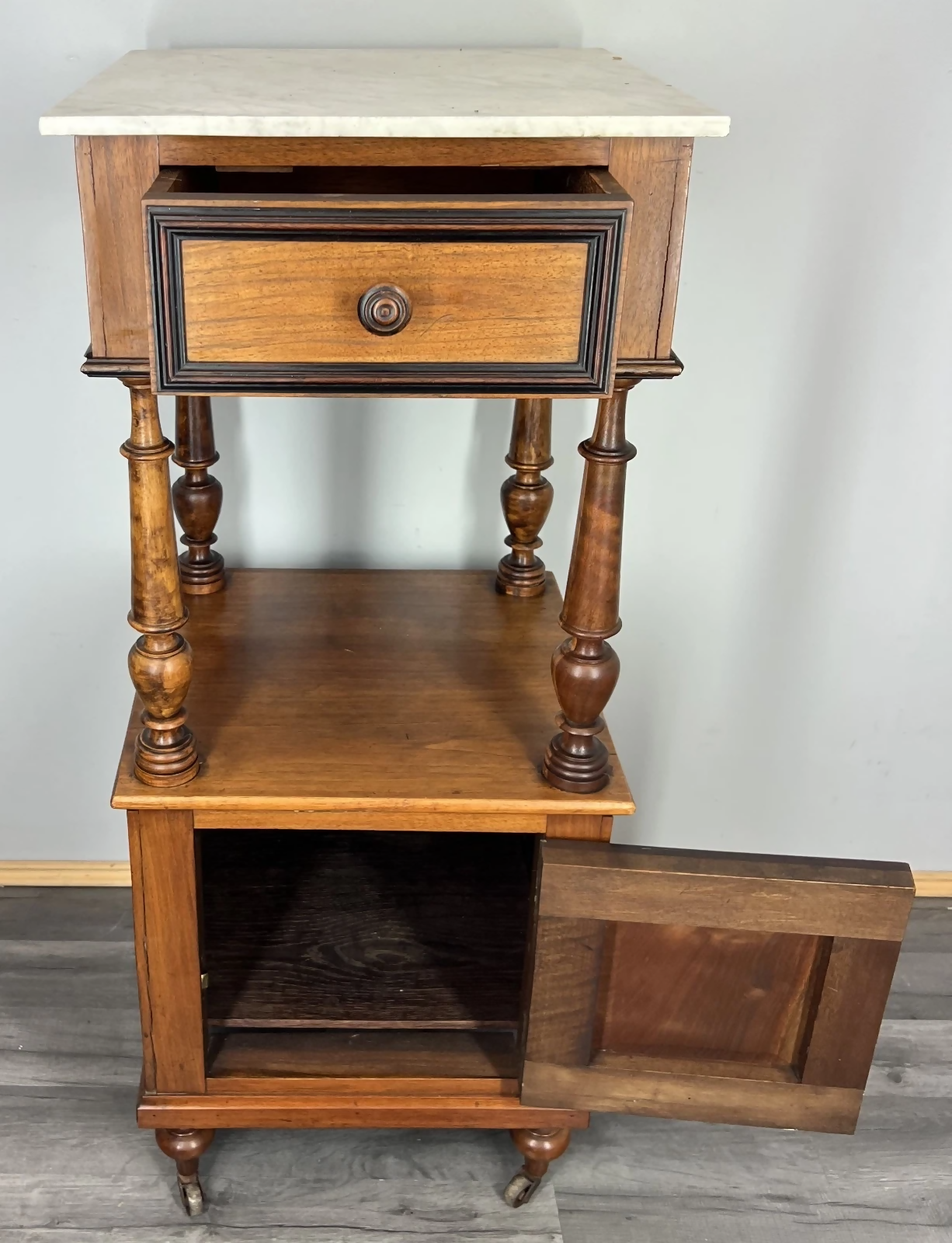Bedside Table Antique French Style Marble Top Walnut Cupboard Cabinet LOT 4043
