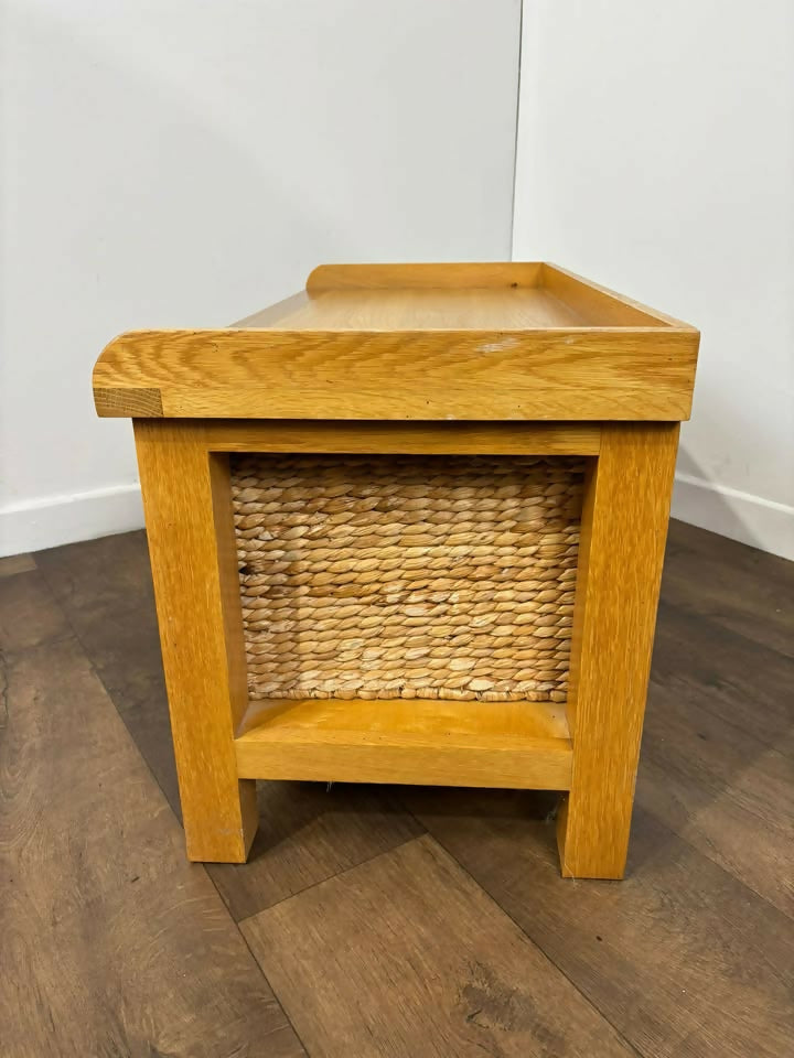 Modern Oak Storage Bench With Two Wicker Drawers
