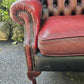 Vintage Oxblood Chesterfield Queen Anne Armchair High Back Button Back Well Worn