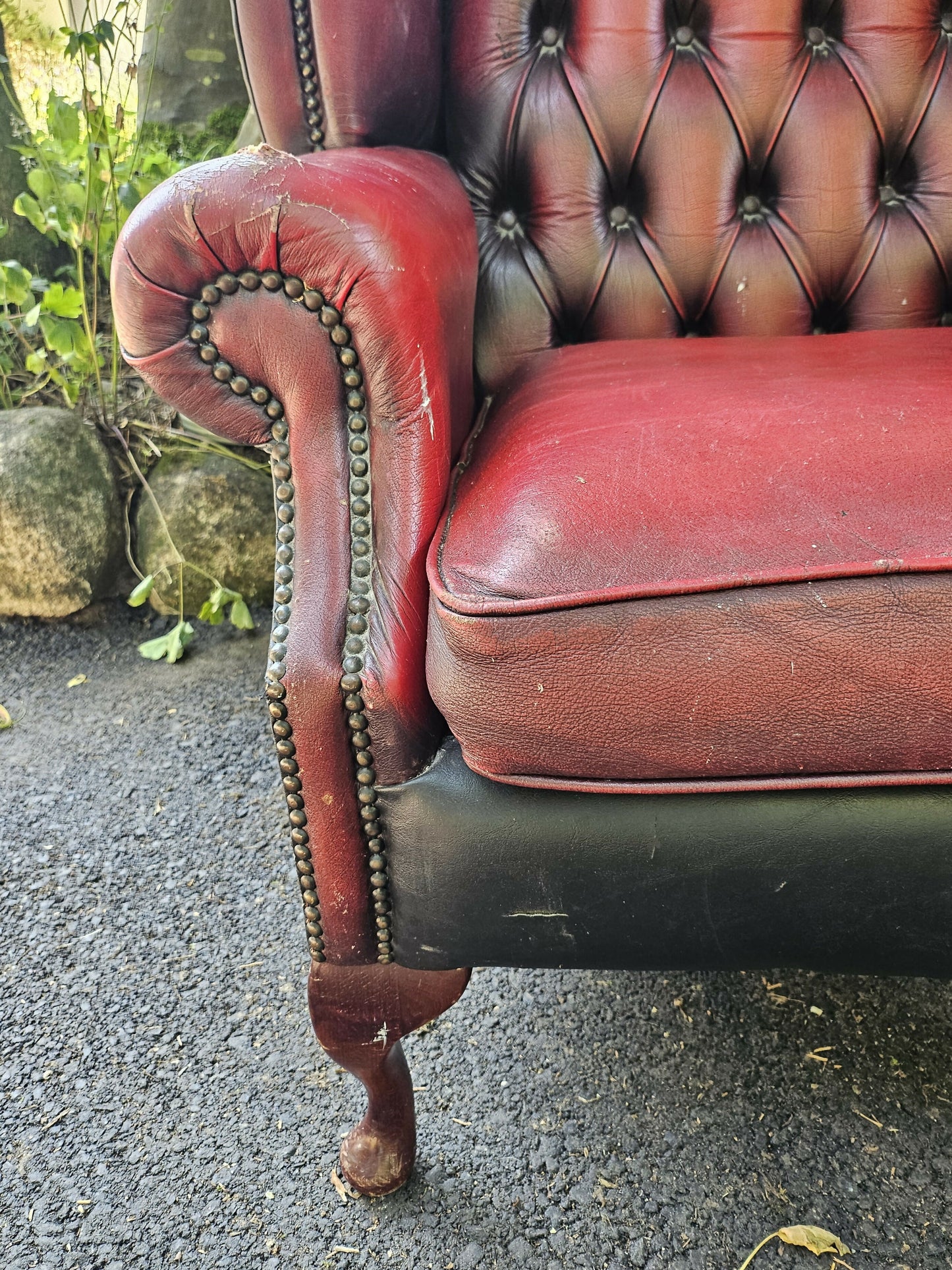 Vintage Oxblood Chesterfield Queen Anne Armchair High Back Button Back Well Worn