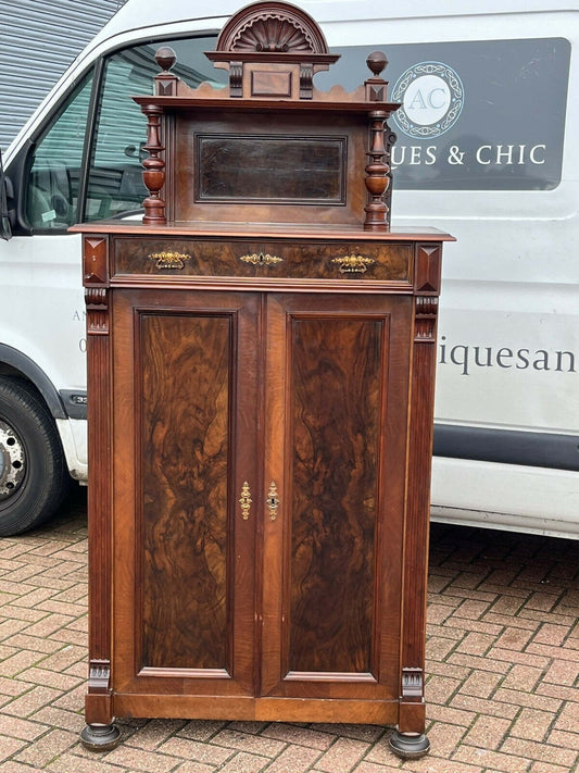 Vintage Walnut Bookcase / Cupboard With Fitted Shelves & Drawer