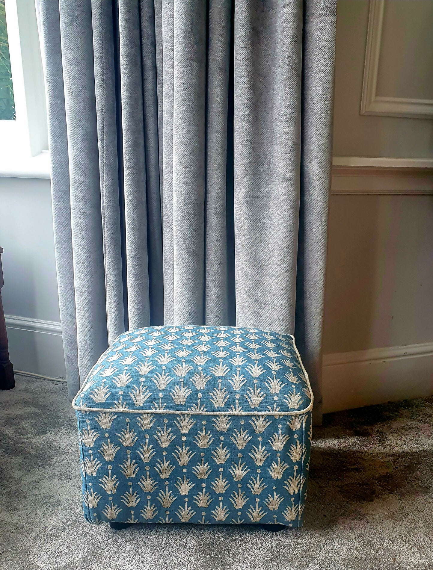 Footstool Pouffe Ottoman square on 4 feet Reupholstered in a High End Belgium Linen