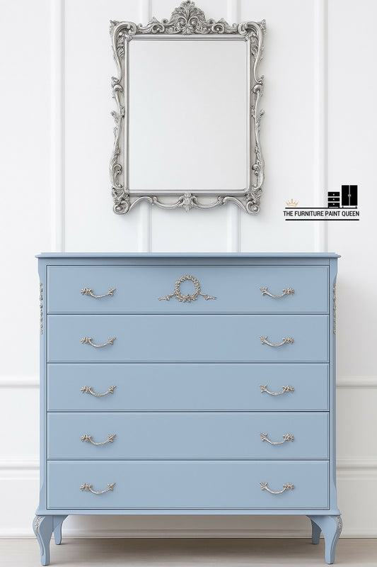 French Louis Style Blue and silver Chest of Drawers: Ornate 5-Drawer Dresser