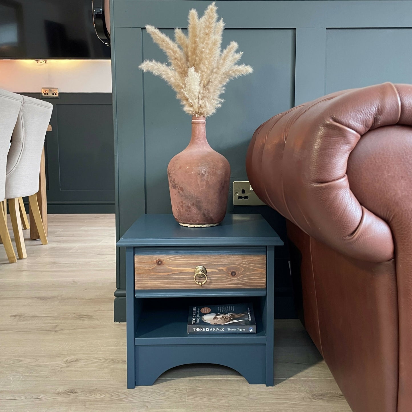 Pair of Navy Blue Vintage Bedside Tables | Mid Century Wooden Nightstands | Professionally Restored Furniture