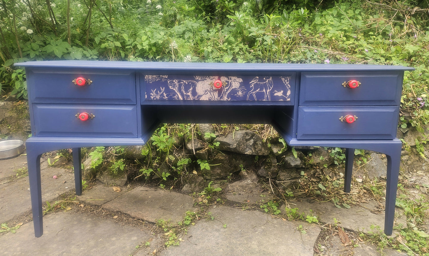 Luxe Navy Blue Hand Painted Stag Minstrel Classic Vintage Dressing Table Desk