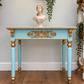 Neoclassical Grecian Console Table in Turquoise Blue & Gold Gilt