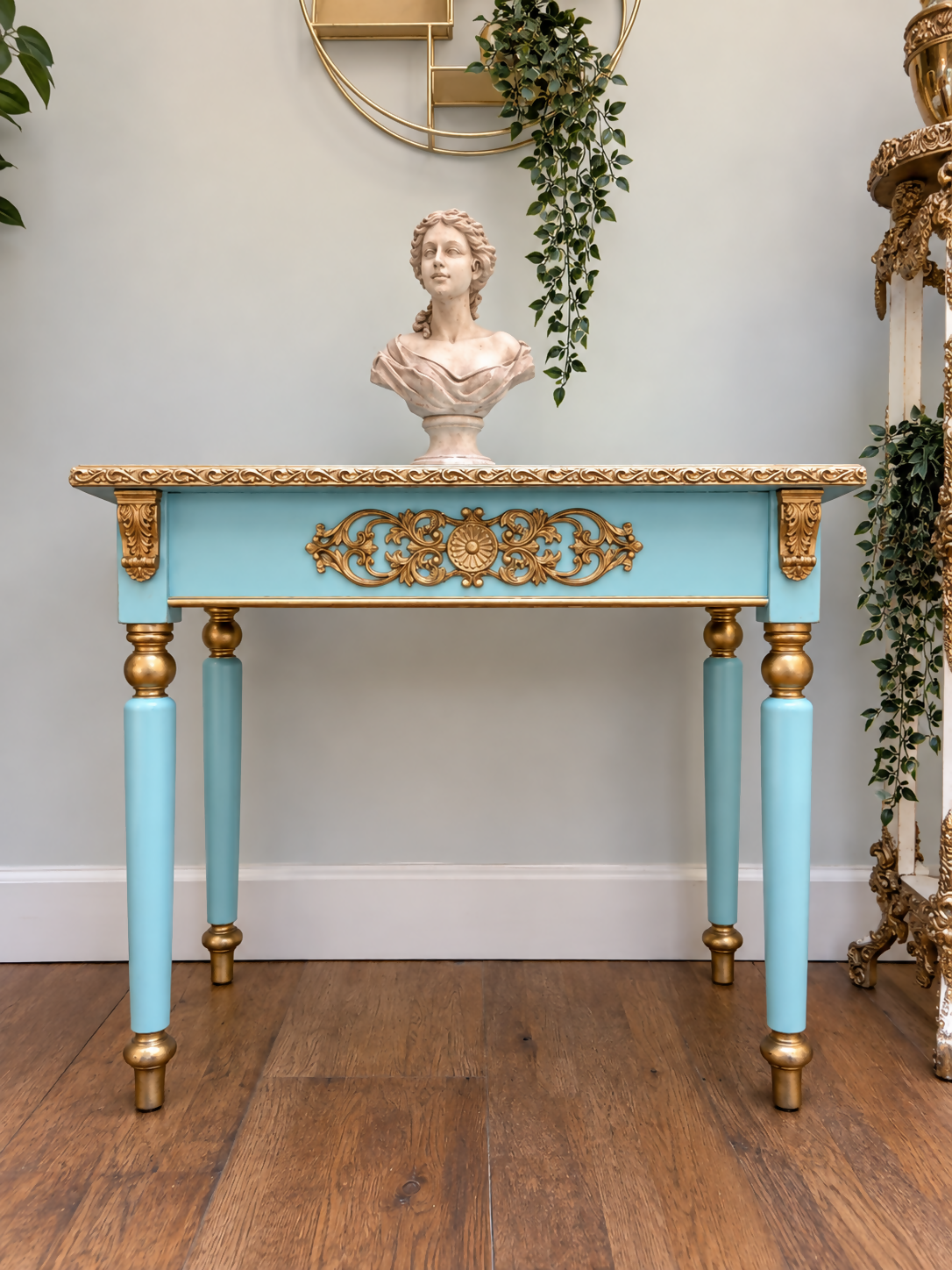 Neoclassical Grecian Console Table in Turquoise Blue & Gold Gilt